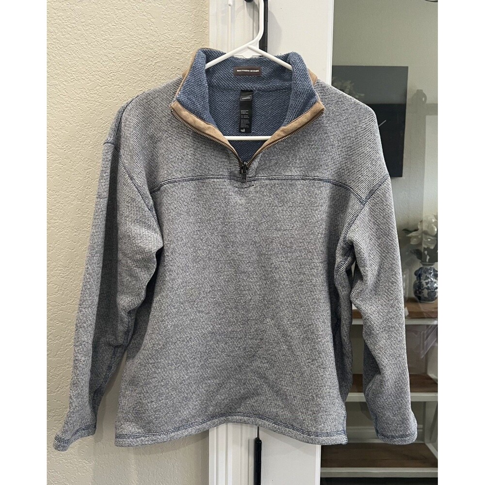 Southern Marsh Men’s M Textured Quarter Zip Pullover Blue Tan Suede Trim